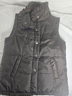 CoffeeShop Brown Ruffle Collar Puffer Vest Womens Small Quilted Snap Front